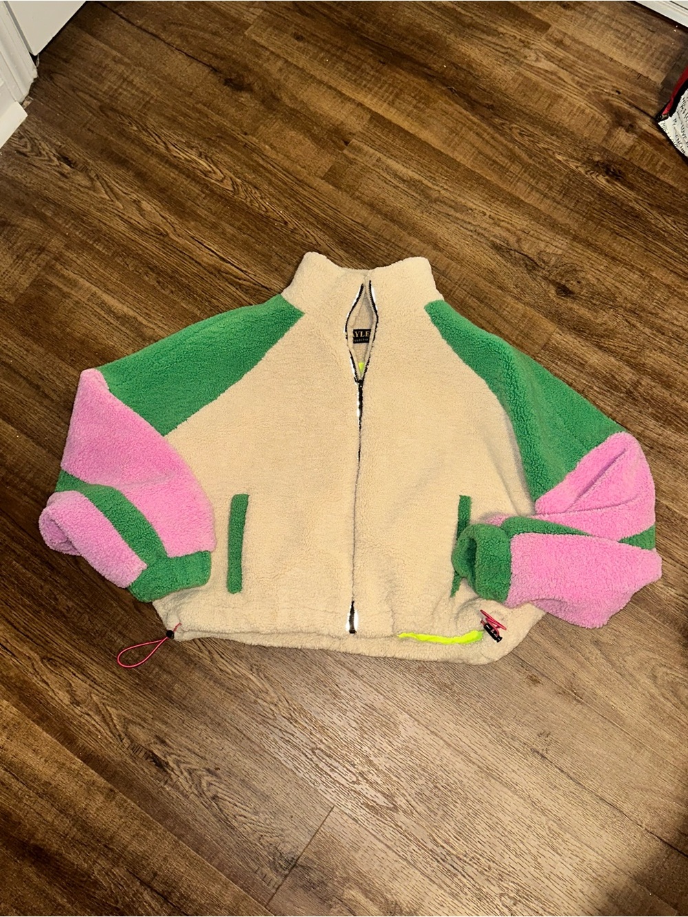 Colorblock Sherpa Zip Jacket - Cream, Green & Pink - vintage